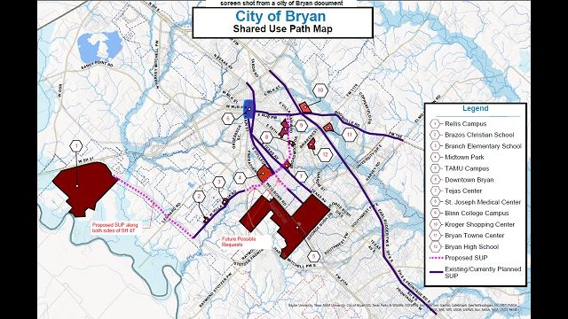 Screen shot from a city of Bryan document showing current, proposed, and future locations of shared use paths.