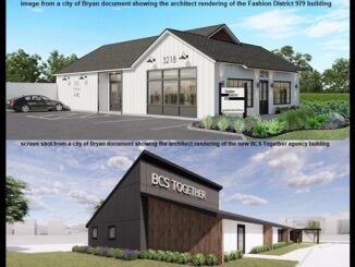 Images from city of Bryan documents showing architect renderings of (top) the Fashion District building and (bottom) the BCS Together agency building.