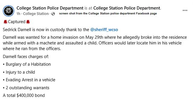 Screen shot from the College Station police department's Facebook page.