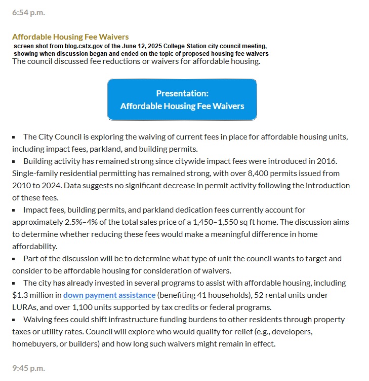 Screen shot from the June 12, 2025 city council summary online at blog.cstx.gov.