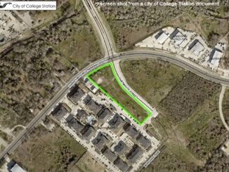 Screen shot from a city of College Station document showing in green the area that was rezoned for the construction of townhomes at the intersection of Harvey Mitchell and Dartmouth.