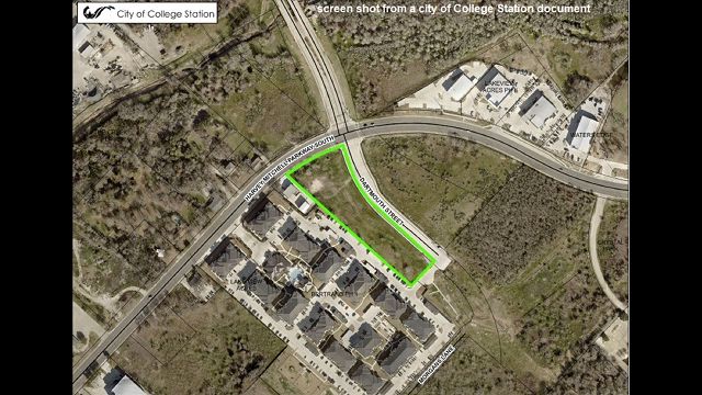 Screen shot from a city of College Station document showing in green the area that was rezoned for the construction of townhomes at the intersection of Harvey Mitchell and Dartmouth.