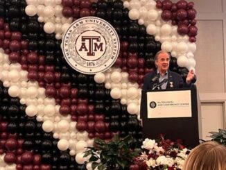 Texas A&M system chancellor John Sharp speaking at his retirement reception on June 18, 2025.