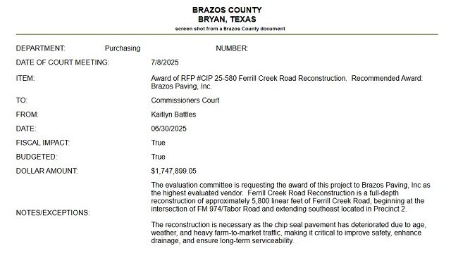 Screen shot from a Brazos County document.