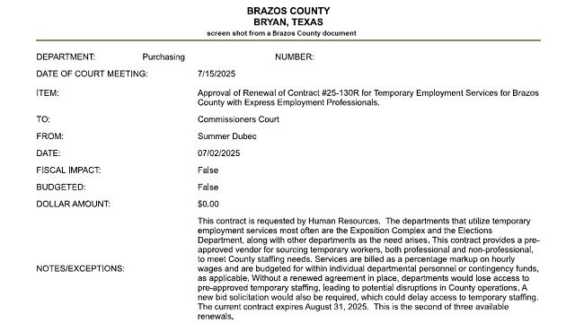 Screen shot from a Brazos County document.