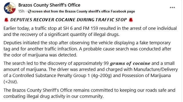Screen shot from the Brazos County sheriff's office Facebook page.