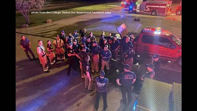 Screen shot from the College Station fire department Facebook page showing members from station 6 at the scene of a fire at a crude oil off loading terminal south of Kurten on July 7, 2025.