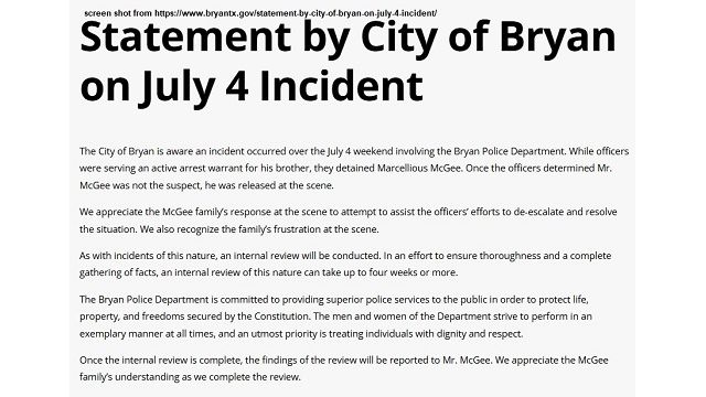 Screen shot from https://www.bryantx.gov/statement-by-city-of-bryan-on-july-4-incident/