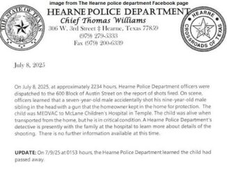 News release from The Hearne Police Department Facebook page.