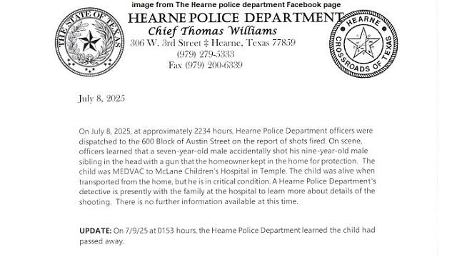 News release from The Hearne Police Department Facebook page.