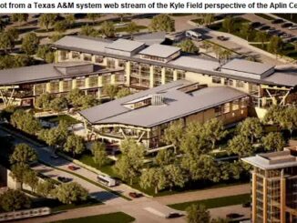 Screen shot from a Texas A&M system web stream showing the Kyle Field perspective of the Aplin Center.