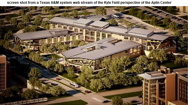 Screen shot from a Texas A&M system web stream showing the Kyle Field perspective of the Aplin Center.