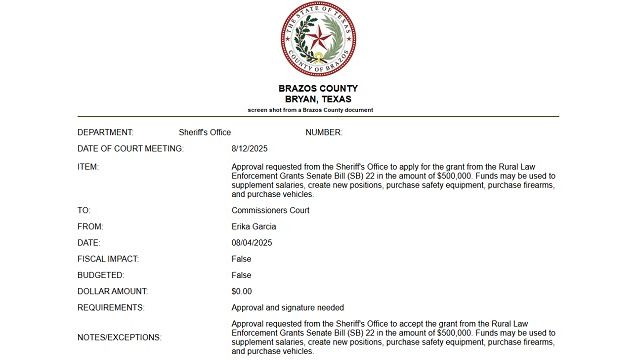 Screen shot from a Brazos County document.