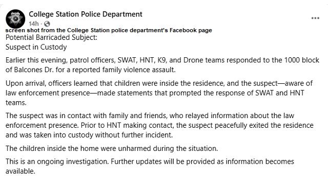 Screen shot from the College Station police department's Facebook page.
