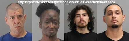 Photos of (L-R) Eric Escamilla, Theresa Hawkins, Thomas Anthony Rogers, and Juan Perez III from https://portal-txbrazos.tylertech.cloud/JailSearch/default.aspx