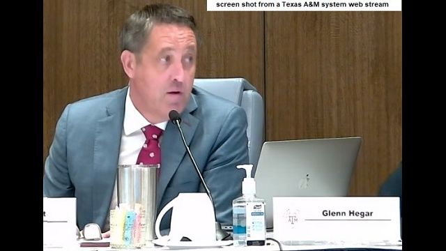 Screen shot of Texas A&M system chancellor Glenn Hegar at the August 28, 2025 board of regents business meeting from a system web stream.
