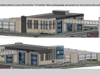 Renderings provided by Brazos County of the three floor office building and two floor parking garage across Texas Avenue from the courthouse.