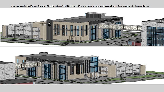 Renderings provided by Brazos County of the three floor office building and two floor parking garage across Texas Avenue from the courthouse.