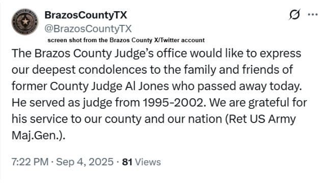 Screen shot from the Brazos County X/Twitter account.