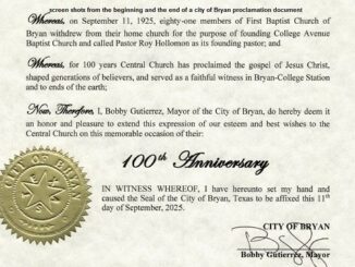 Screen shots of the beginning and the end of the city of Bryan's proclamation for the 100th anniversary of the founding of what is now Central Church.
