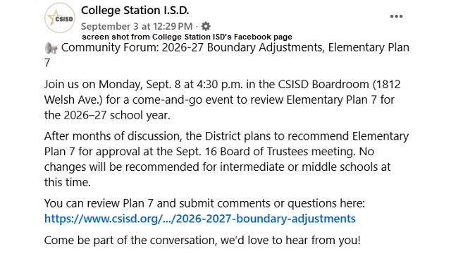 Screen shot from College Station ISD's Facebook page.