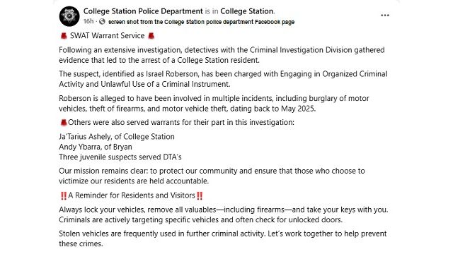 Screen shot from the College Station police department Facebook page.