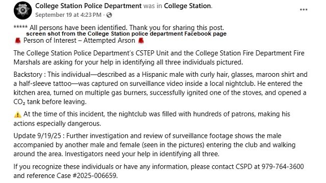 Screen shot from the College Station police department Facebook page.