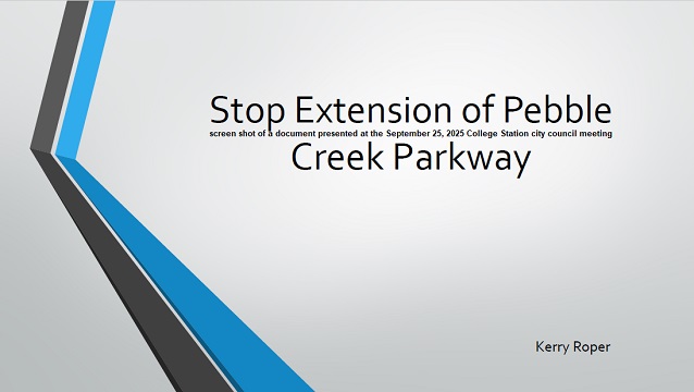 A screen shot of a public speaker's presentation at the September 25, 2025 College Station city council meeting.