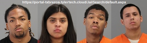 Photos of (L-R) Israel Roberson, Natalie Navarro, Jatarius Ashley, and Andy Erik Ybarra from https://portal-txbrazos.tylertech.cloud/JailSearch/default.aspx