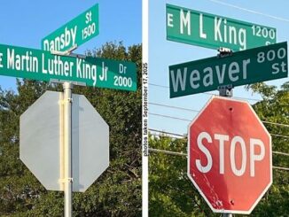 Photos taken September 17, 2025 showing new city of Bryan street signs for Martin Luther King Jr. Drive and old city of Bryan street signs showing ML King Street.