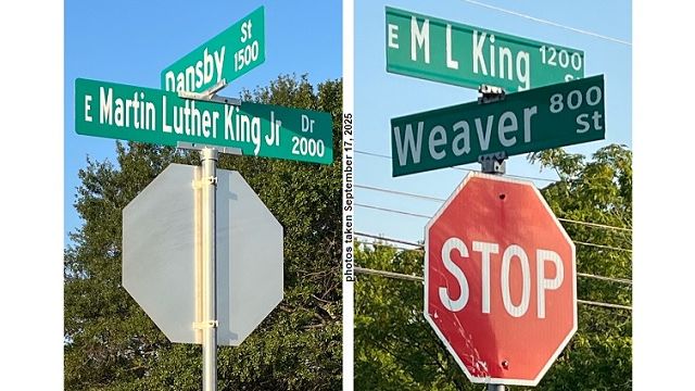 Photos taken September 17, 2025 showing new city of Bryan street signs for Martin Luther King Jr. Drive and old city of Bryan street signs showing ML King Street.