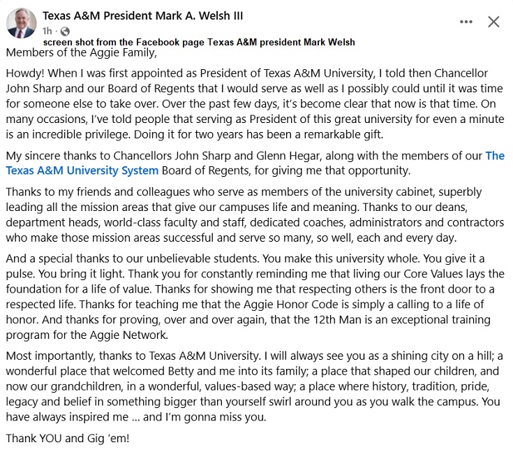 Screen shot from the Facebook page Texas A&M president Mark A. Welsh III.