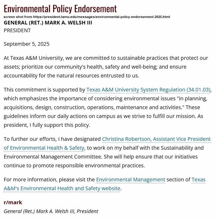 Screen shot from https://president.tamu.edu/messages/environmental-policy-endorsement-2025.html