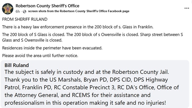 Screen shots from the Robertson County sheriff's office Facebook page.