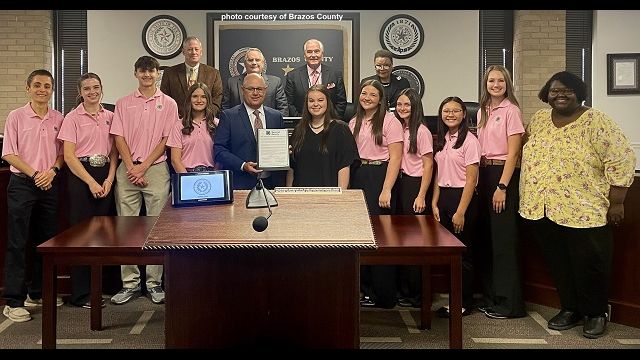 Brazos County photo taken during the September 30, 2025 commission meeting with members of the Brazos County 4-H council and 4-H agents.