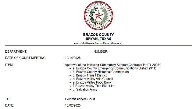 Screen shot from a Brazos County document.
