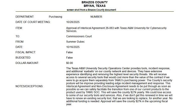Screen shot from a Brazos County document.