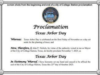 Screen shots from the beginning and the end of a proclamation issued at the October 23, 2025 College Station city council meeting.