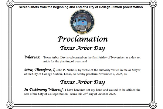 Screen shots from the beginning and the end of a proclamation issued at the October 23, 2025 College Station city council meeting.