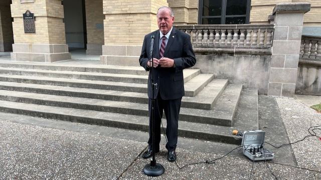 Texas A&M interim president Tommy Williams first visit with reporters outside the administration building on October 16, 2025.