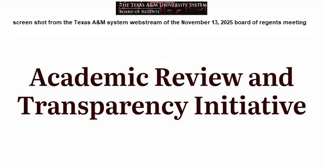 Screen shot from the Texas A&M system webstream of the November 13, 2025 board of regents meeting.