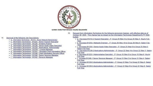 Screen shots from Brazos County documents.