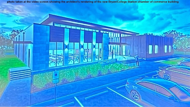 Photo of the video screen at the architect rendering of the new home of the Bryan/College Station chamber of commerce.