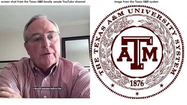 Screen shot of Mark Welsh from the Texas A&M Faculty Senate YouTube channel and the Texas A&M university seal is from the system.