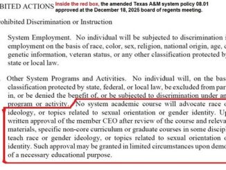 Screen shot from a Texas A&M system document, showing inside the red box, the amended system policy 08.01 that was approved at the December 18, 2025 board of regents meeting.