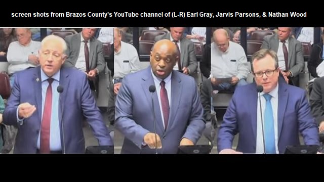 Screen shots from Brazos County's YouTube channel of (L-R) Earl Gray, Jarvis Parsons, & Nathan Wood.