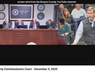 Screen shot from the Brazos County YouTube channel showing (L) members of the county commission and (R) Kyle Greenwood on December 9, 2025.