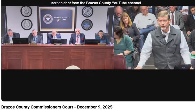 Screen shot from the Brazos County YouTube channel showing (L) members of the county commission and (R) Kyle Greenwood on December 9, 2025.