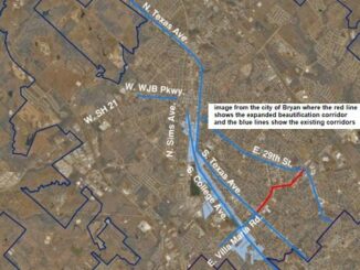 Image from the city of Bryan where the red line shows the expanded beautification corridor and the blue lines show the existing corridors.