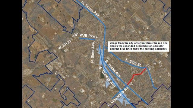 Image from the city of Bryan where the red line shows the expanded beautification corridor and the blue lines show the existing corridors.